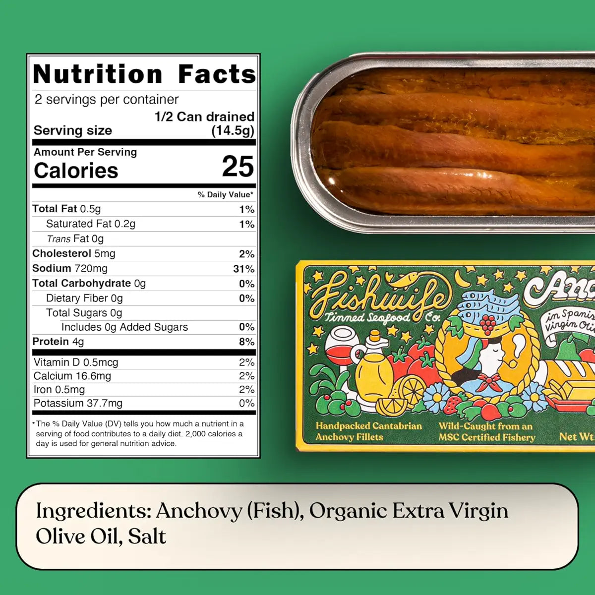 Fishwife Cantabrian Anchovies 1-Pack (1.73 Ounce) - MSC-Certified Sustainable Seafood, High Protein, Gluten Free - Handpacked in BPA-Free Tins with Spanish Extra Virgin Olive Oil